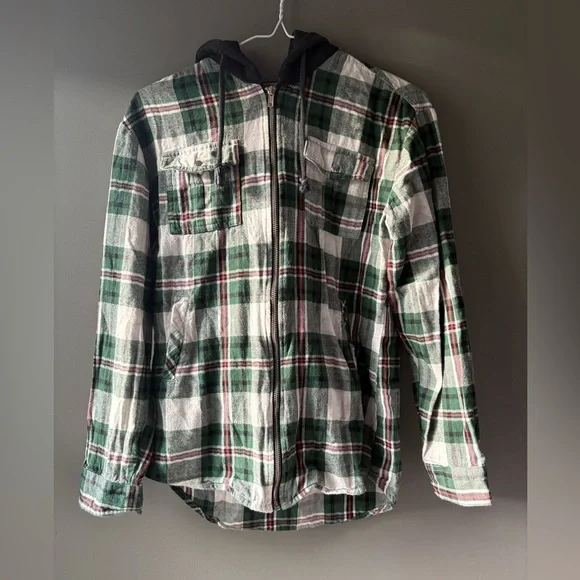 Kismet size xs Green Plaid Zip-Up Sweater Jacket gray hood fall campfire vibes - Picture 2 of 9